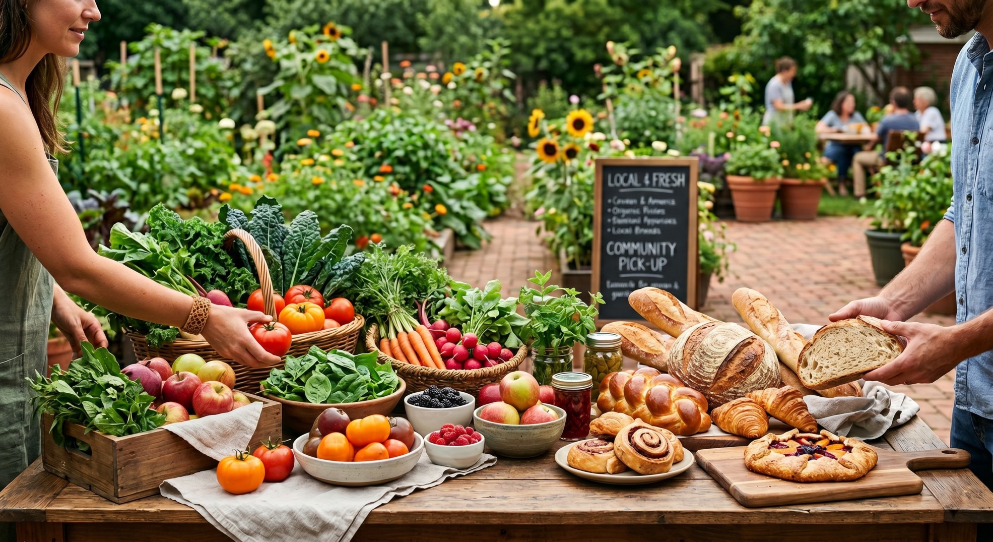 A table of fresh local produce and bread at a community market pickup